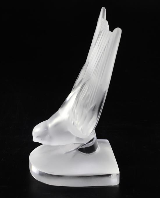 Hirondelle/Swallow. A glass mascot by René Lalique, introduced on 10/2/1928, No.11810 Height 14cm.